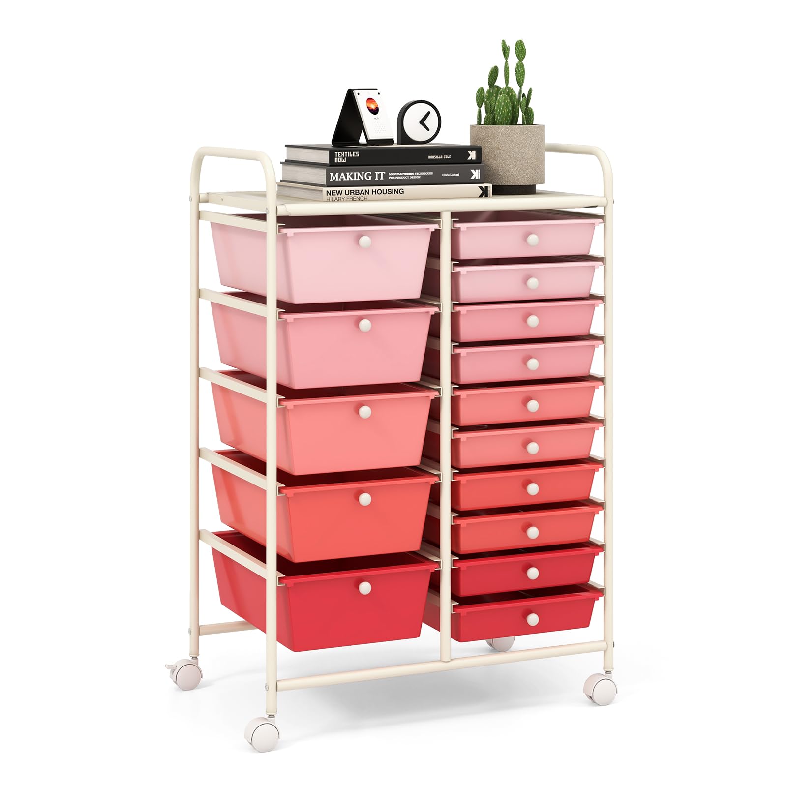 LDAILY 15 Drawer Rolling Storage Cart, Rolling Cart with Drawers for Classroom, Art Supply Craft Organizer on Wheel with Metal Frame &amp; Handles for Home Office School