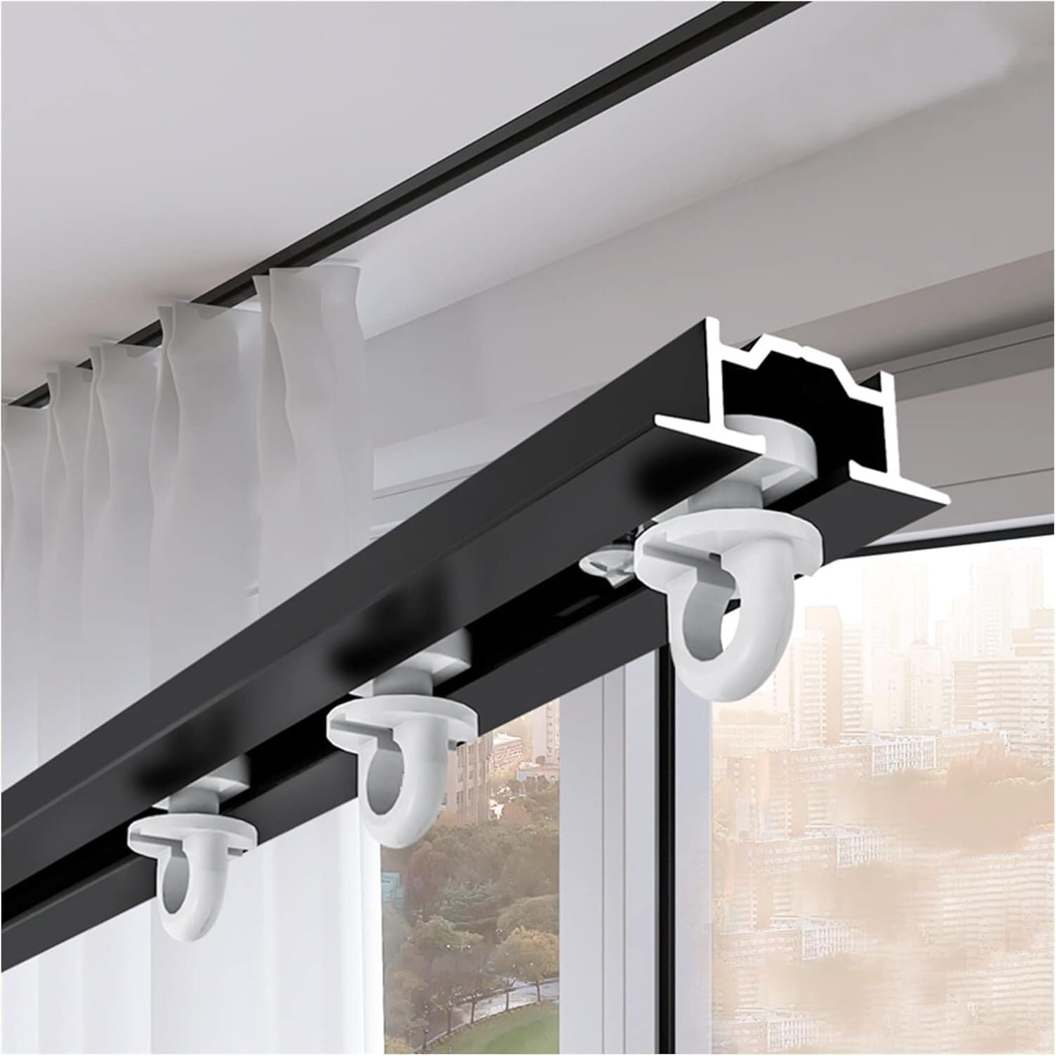 Kanduo Deckenvorhangschiene aus Aluminiumlegierung – Schwarz Weiß, bündige, unsichtbare Vorhangstange for Raumteiler, Pavillon/Duschraum Zubehörsets für Gardinen(Black,6m/19.7ft)