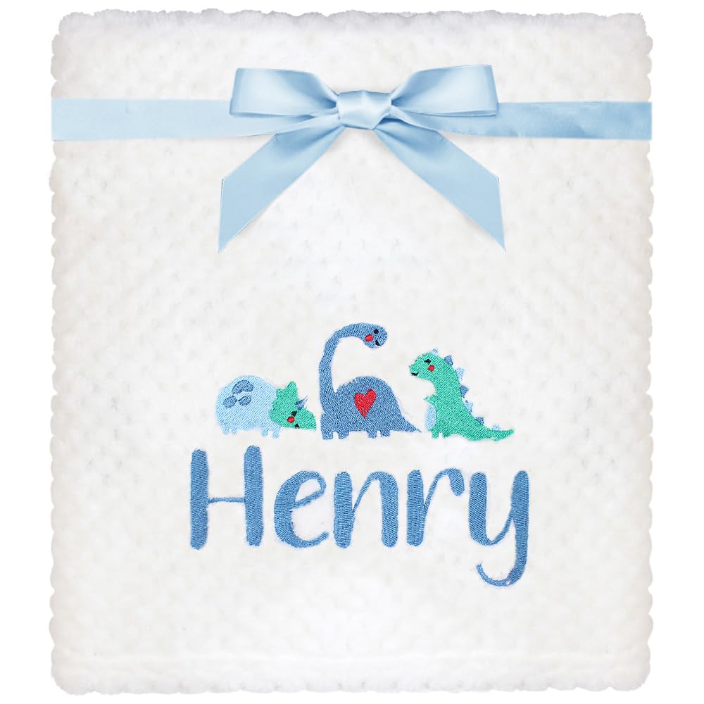 TeddyT's Personalised Baby Dinosaurs Embroidered White Waffle Blanket