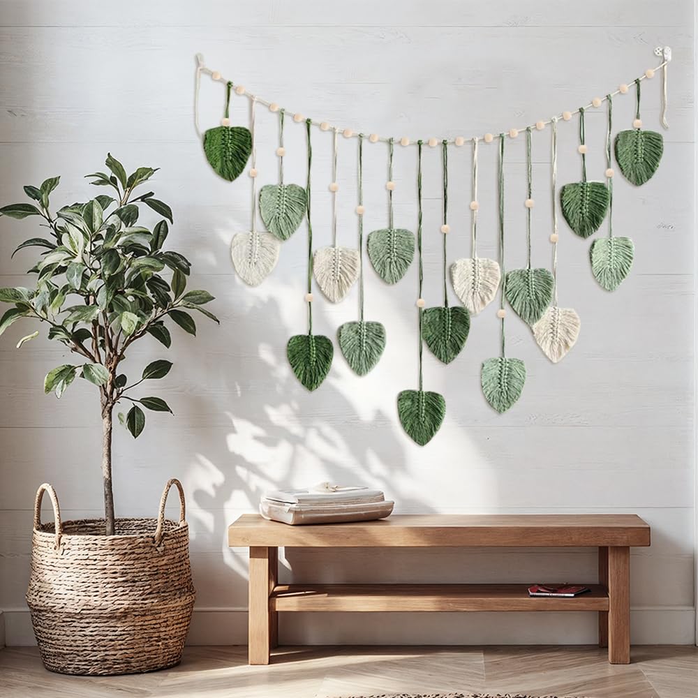 Arazzo In Macramè Boho Con Foglie E Ganci – Decorazione Da Parete In Cotone, Completa Di 20 Mollette In Legno