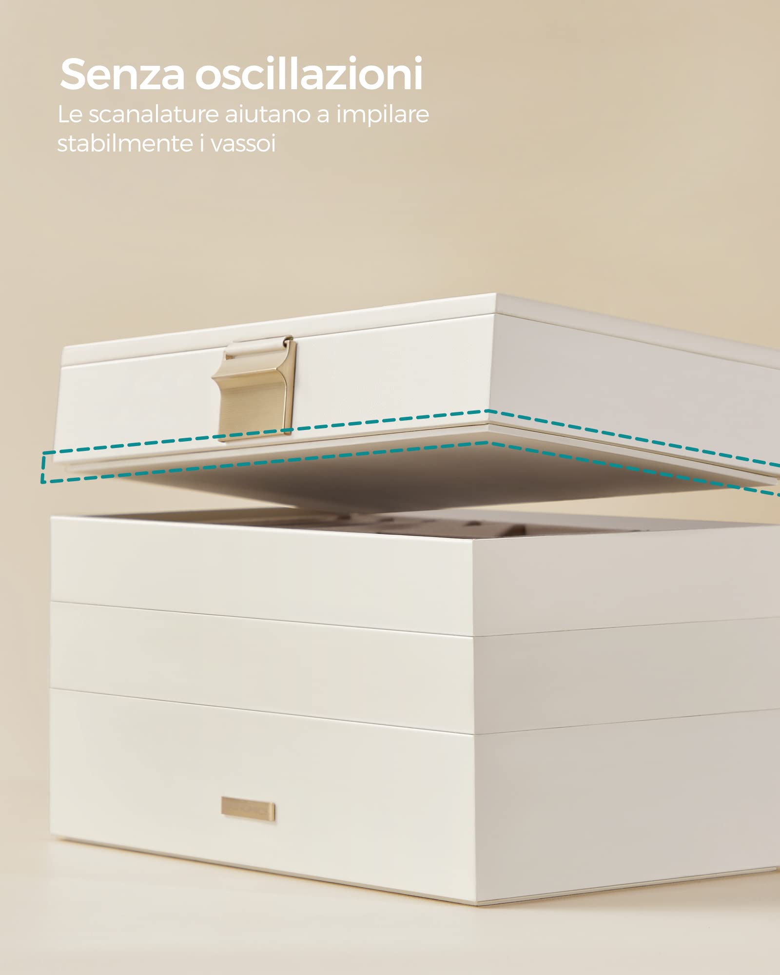 SONGMICS GISELLA Collezione - Scatola Portagioie con 4 Vassoi Impilabili, Porta Gioielli Capiente, Coperchio in Vetro, per Toeletta, Idea Regalo, Bianco Nuvola, 17 x 28 x 18,3 cm JBC164W01
