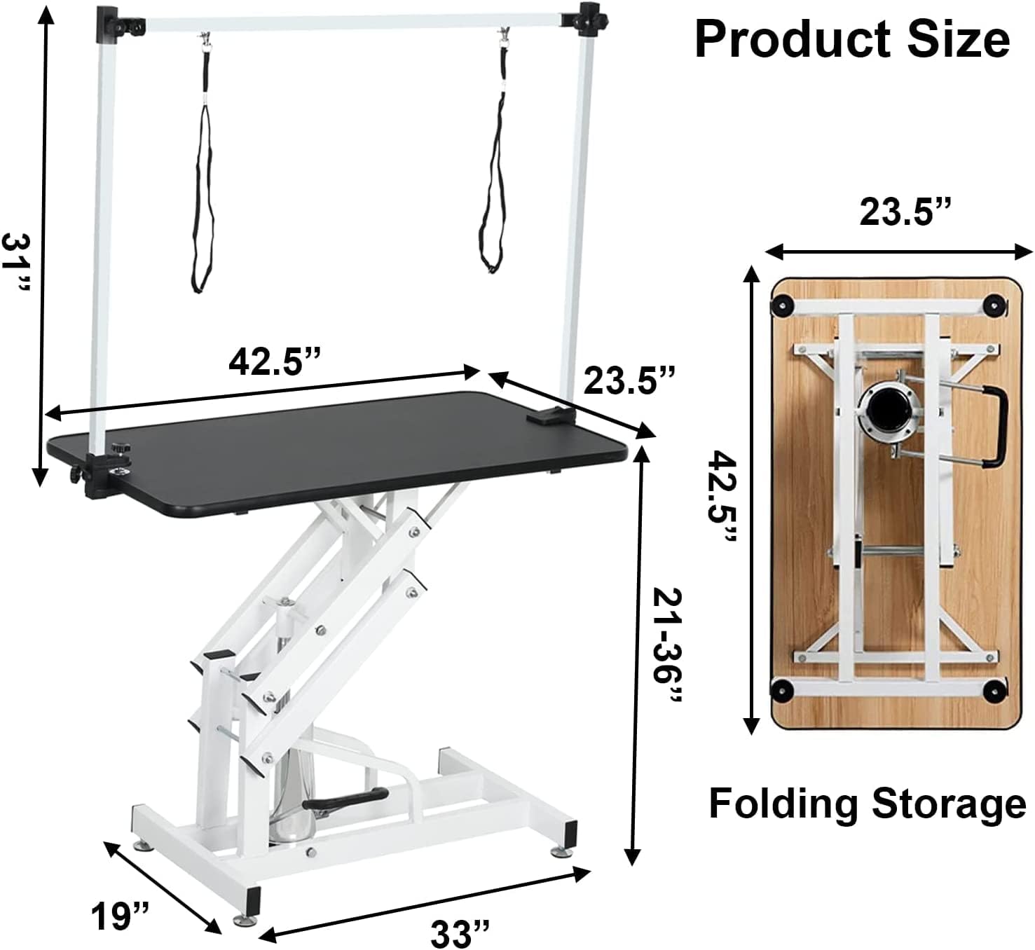 Hydraulic for Large Dogs Professional Heavy Duty Adjustable Height - Portable Trimming Table Drying Table w/Arm/Noose, Maximum Capacity Up to 330Lb, 42.5''/ Black