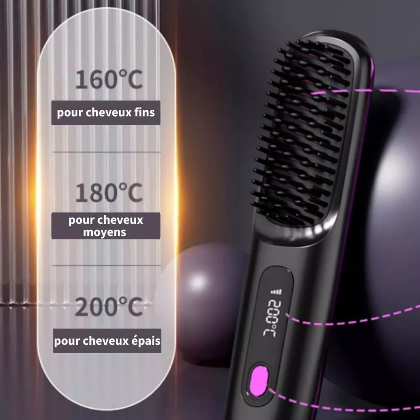 Cosylane Brosse Coiffante,Brosse Lissante Sans Fil pour Cheveux Courts,3 Niveaux de Chaleur, Écran LED,Chargement Type-C,Léger et Portable,Chauffage instantané en 20 seconde