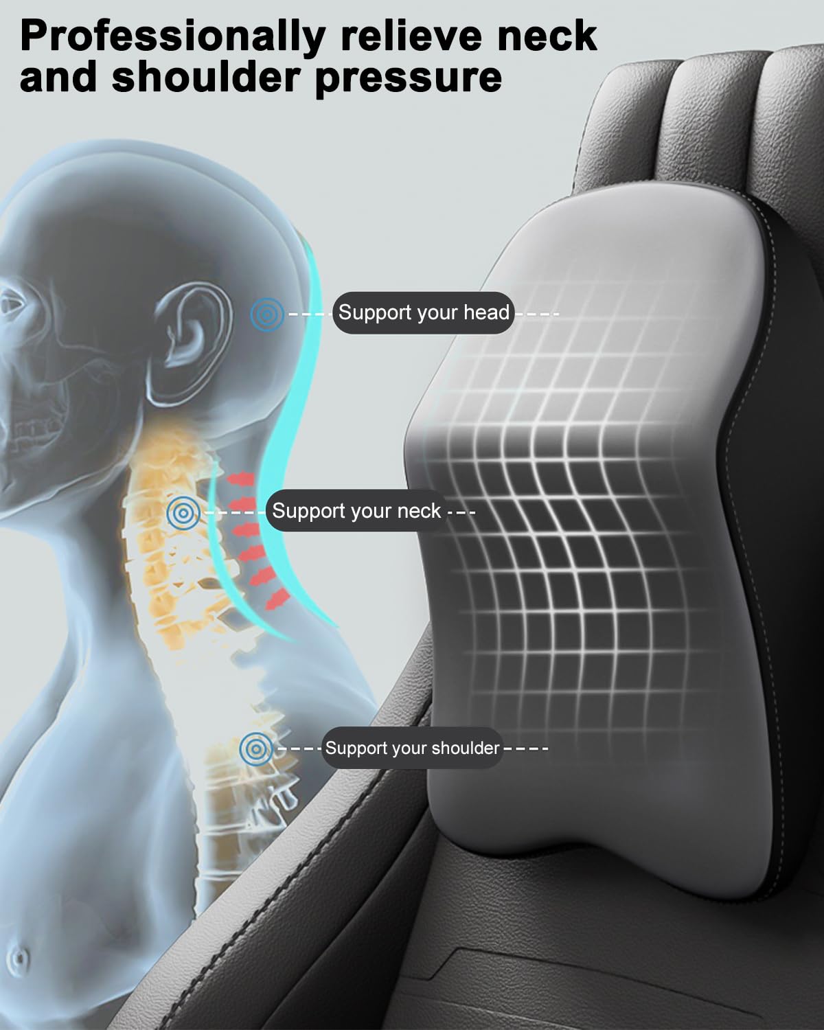 jutyum Auto Nackenkissen Kopfstütze, Memory Foam Kopfstütze Auto, Komfortabel und Atmungsaktiv Auto Kissen, Abnehmbarer Abdeckung (Schwarzes Grau)