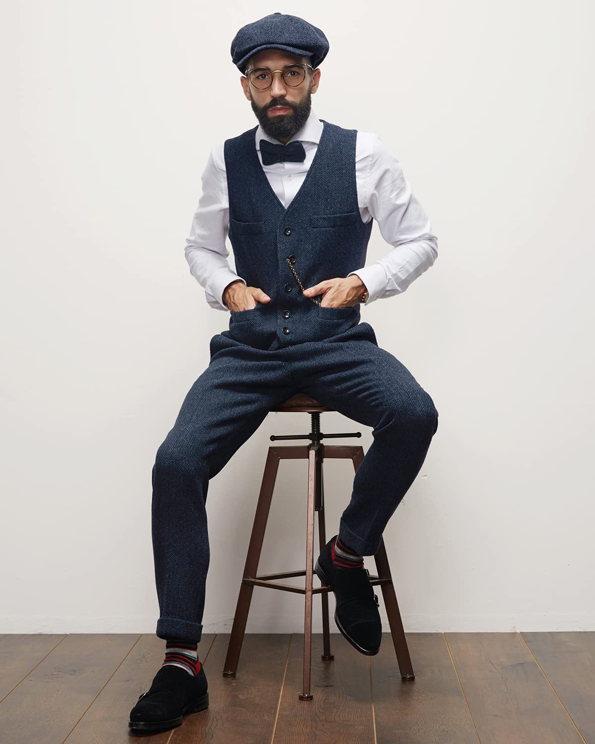 Pantalones de traje de vestir retro para hombre, pantalones de lana de tweed con frente plano en espiga