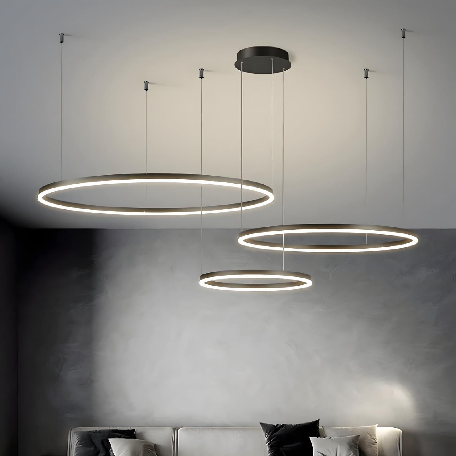 Moderner LED-Kronleuchter DIY Kreis LED-Pendelleuchte Metall + Acryl Fernbedienung Dimmbar Runde Deckenleuchte Wohnzimmer Schlafzimmer(Nero,B-40+60+80CM)