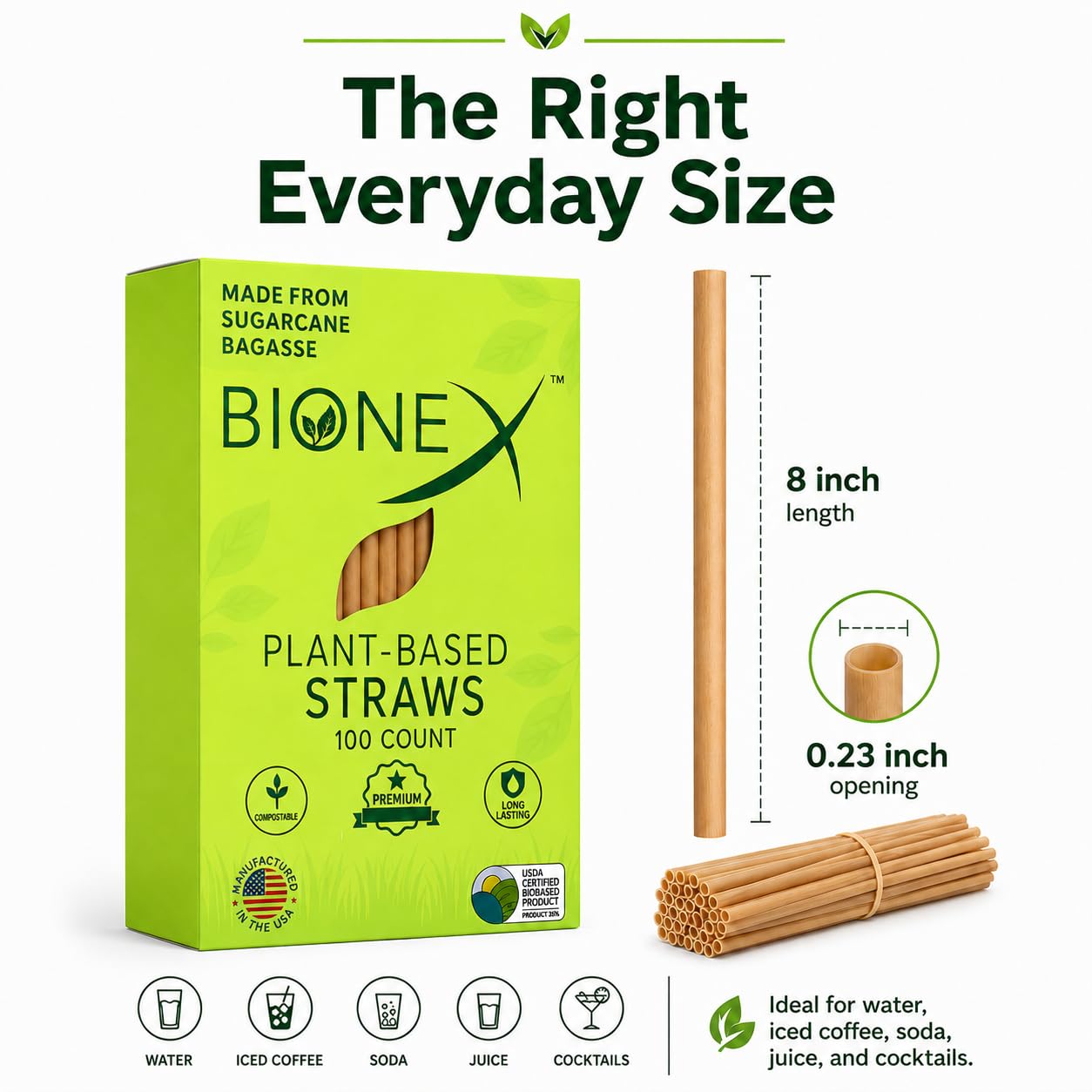 Bionex - Pajitas de caña de azúcar biodegradables, (20,3 cm de longitud), (100 pajas/caja) Alternativa al plástico
