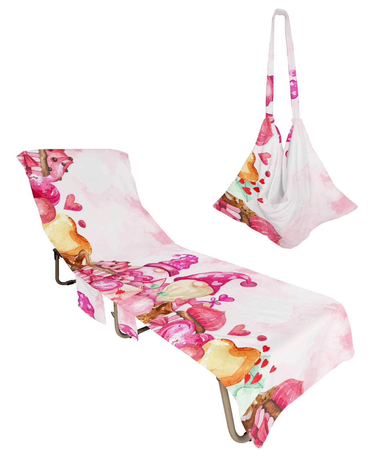 Pink Valentine's Gnomes Beach Chair Towel Covers for Chaise Lounge with Side Pocket, Soft Plush Pool Towels Cover for Patio Sunbathing Outdoor 29''x85'' Dessert Heart Love Word