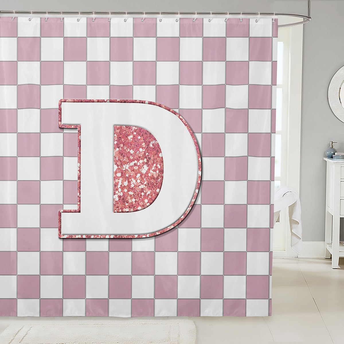 Erosebridal Pink Initial D Bathroom Accessories Kawaii Plaid Checkered Shower Curtain Cute Personalized Monogram Bathroom Curtain for Kids Girls 72" Wx72 L Fashion Grids Gingham Shower Decor