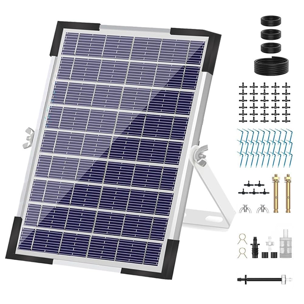 Lecreatekit Sistema di irrigazione solare con pannello da 5 W, kit di irrigazione automatica con 30 emettitori di gocciolamento e tubo da 35 m per piante in vaso da giardino