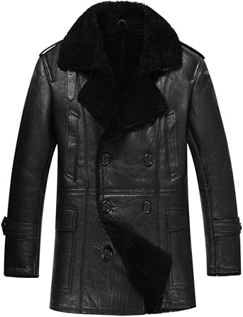 Denny&Dora New Mens Shearling Jacket Long Winter Coat Black Leather Jacket Fur Coat