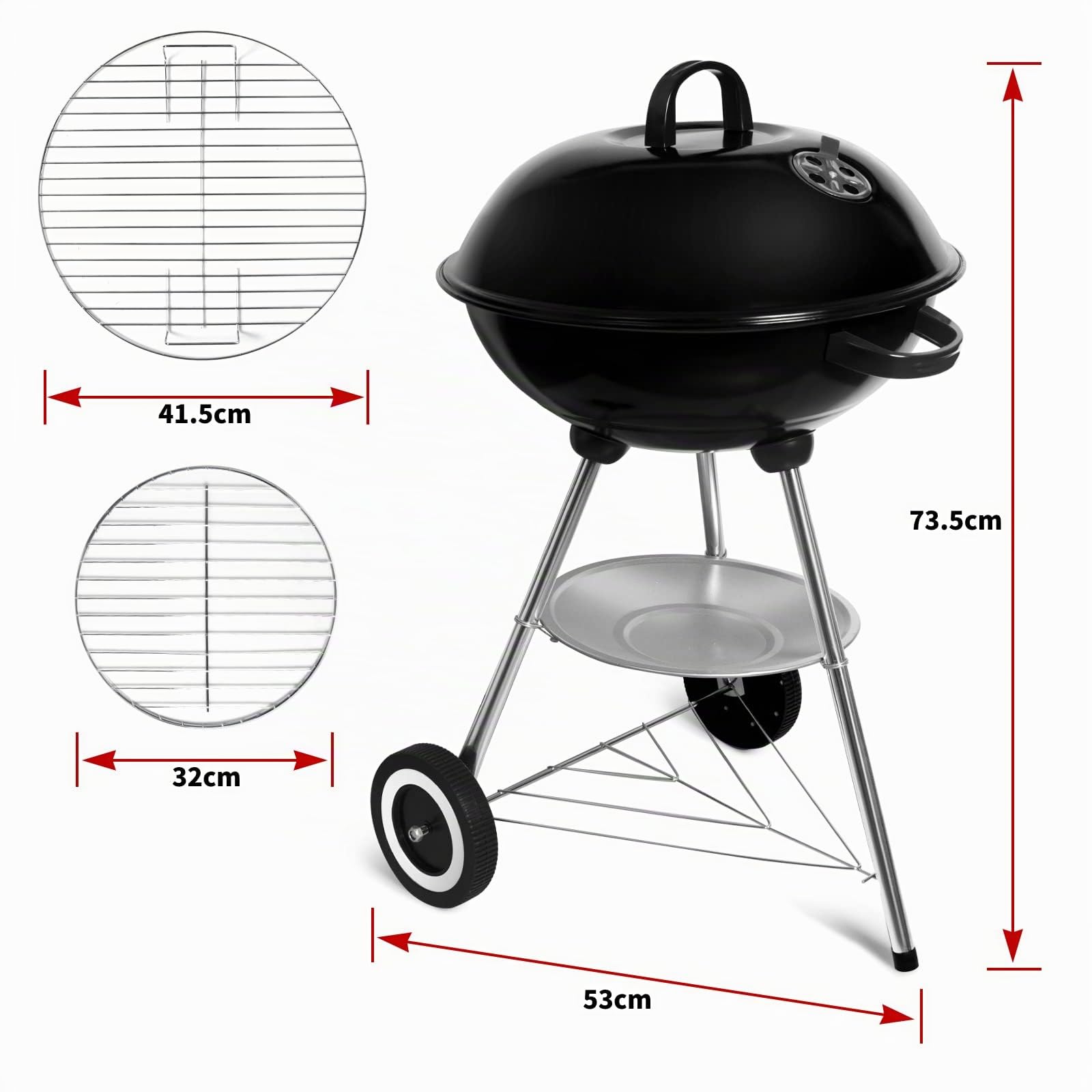 Barbecue à Charbon Rond, BBQ Mobile Barbecue Grill Portable de Jardin, avec Couvercle et 2 Roues - 46 * 44 * 70cm