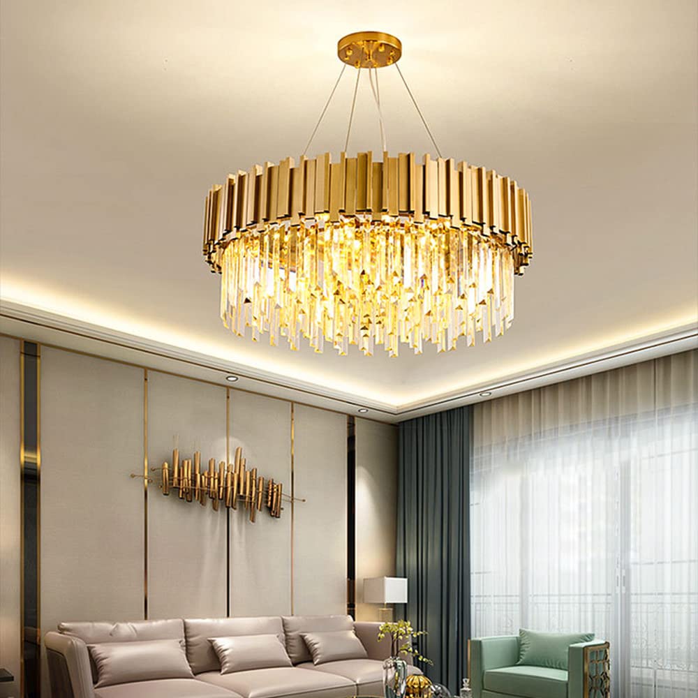 Lustre en Cristal Doré Grand Plafonnier LED Luminaire Suspension Salon Villa