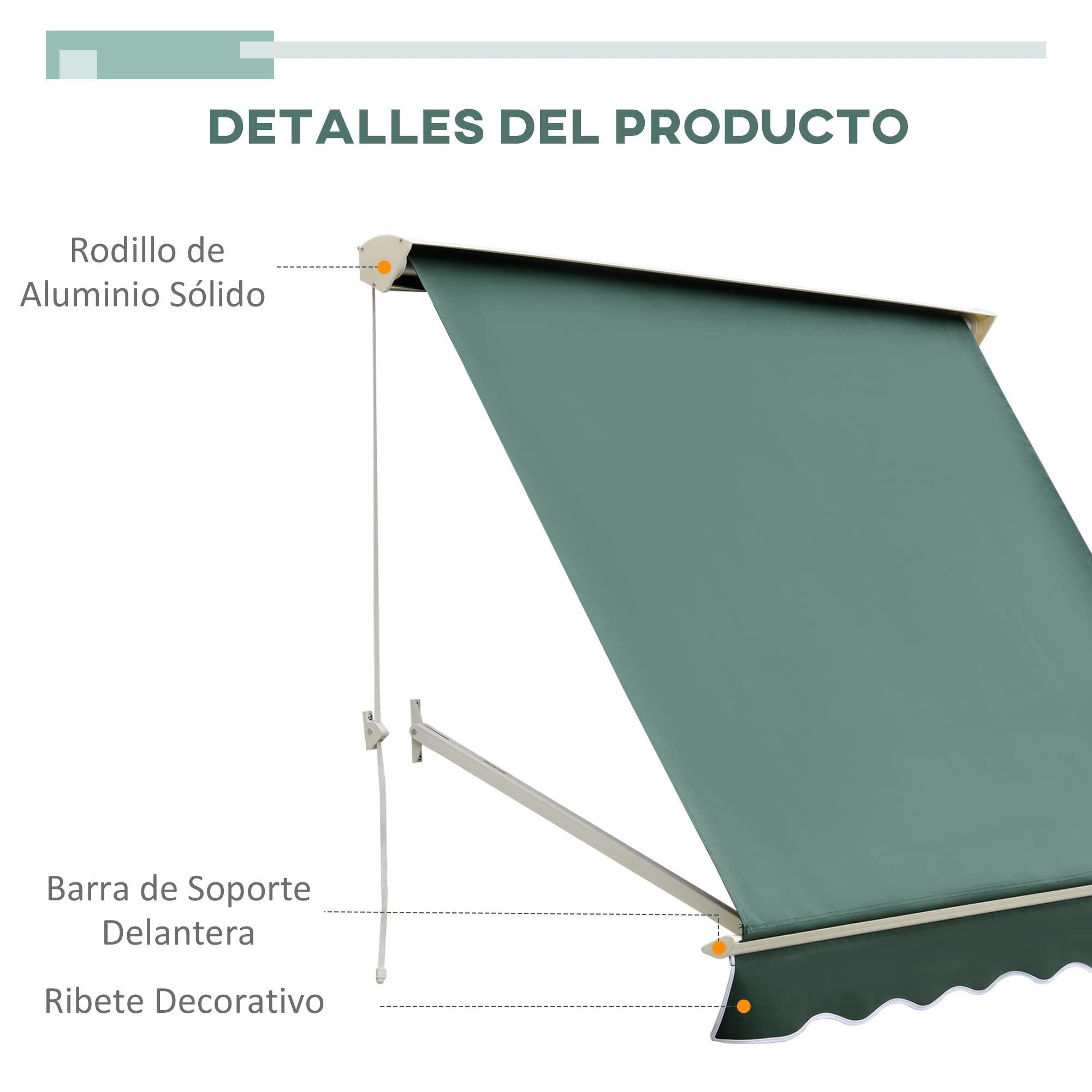 Outsunny Toldo Manual de Aluminio Retráctil para Ventanas Exterior Ángulo Ajustable Impermeable Tela de Poliéster 180x70cm Verde