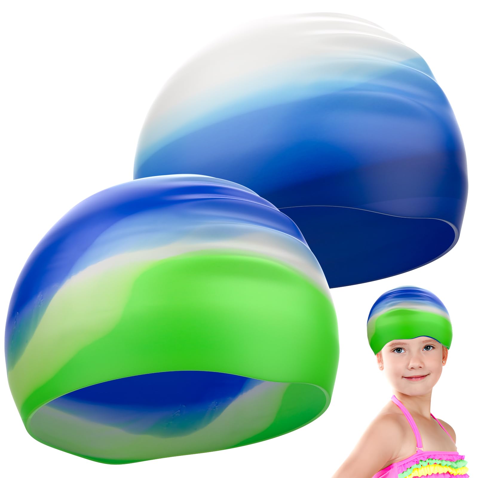 YRVCT Swimming cap children's long hair 2 Pack for Kids thickening colourful Gradient Silicone Swimming Hat Waterproof swimming cap Girls Boys Kids Teens Children