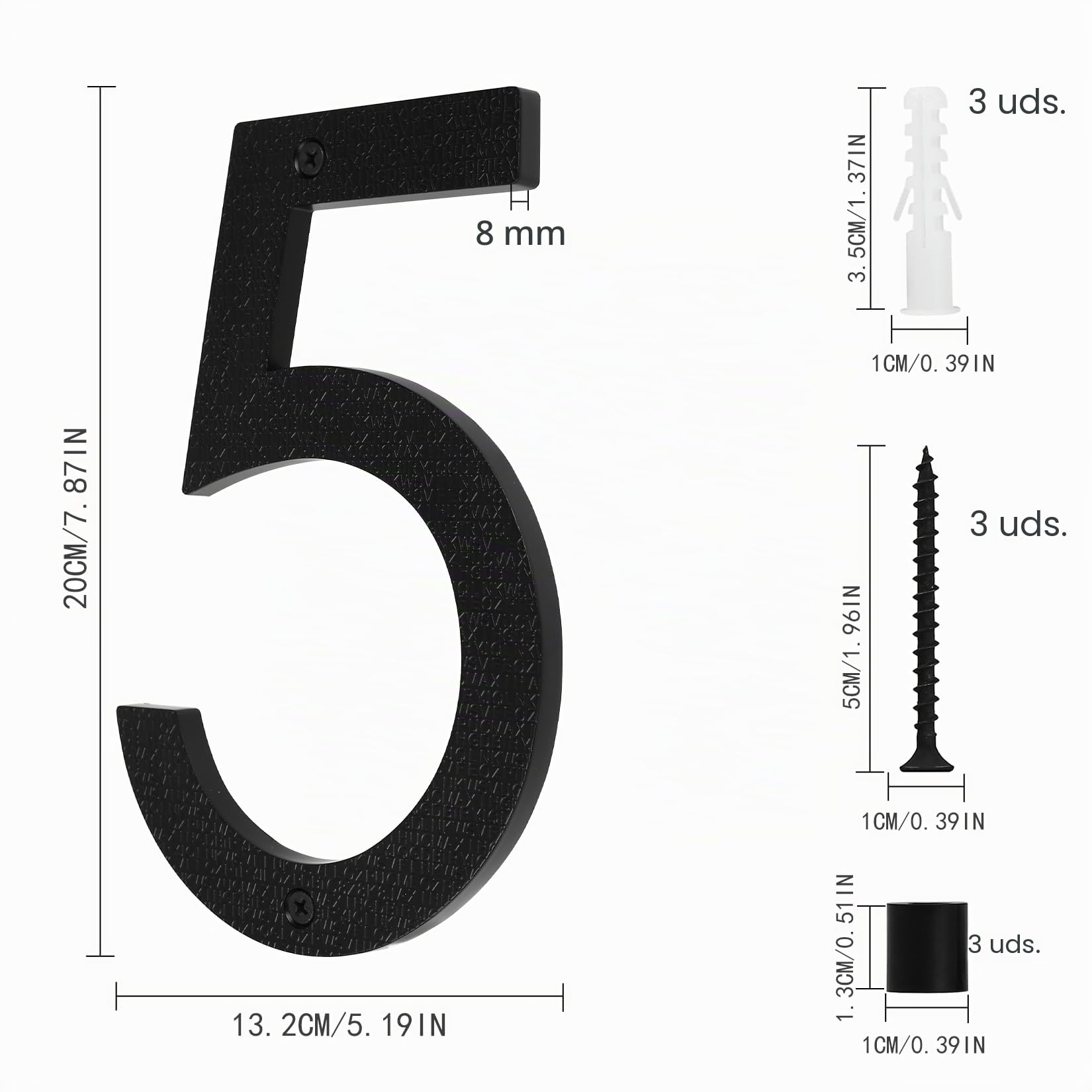 Número Grande para Casa en Negro, 20cm, Placa Flotante de Número de Casa, Número de Calle/Puerta en Plástico ABS Efecto 3D para Oficinas, Buzones, Garajes (Numero 5)