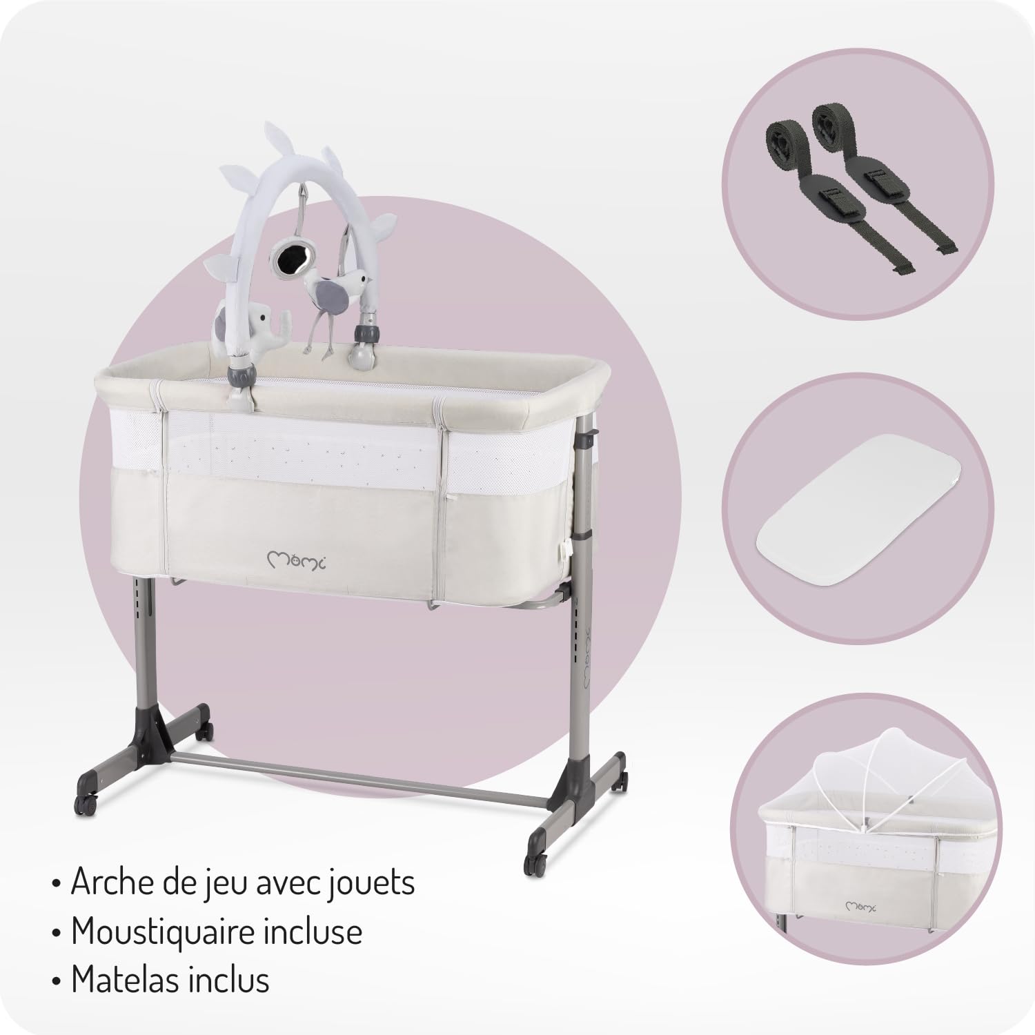 Momi REVO, lit bébé Multifonction, avec Hauteur réglable en 6 Positions de 72 à 82 cm, avec roulettes, Matelas Inclus, Sangles de Fixation, moustiquaire et Barre de Jouets