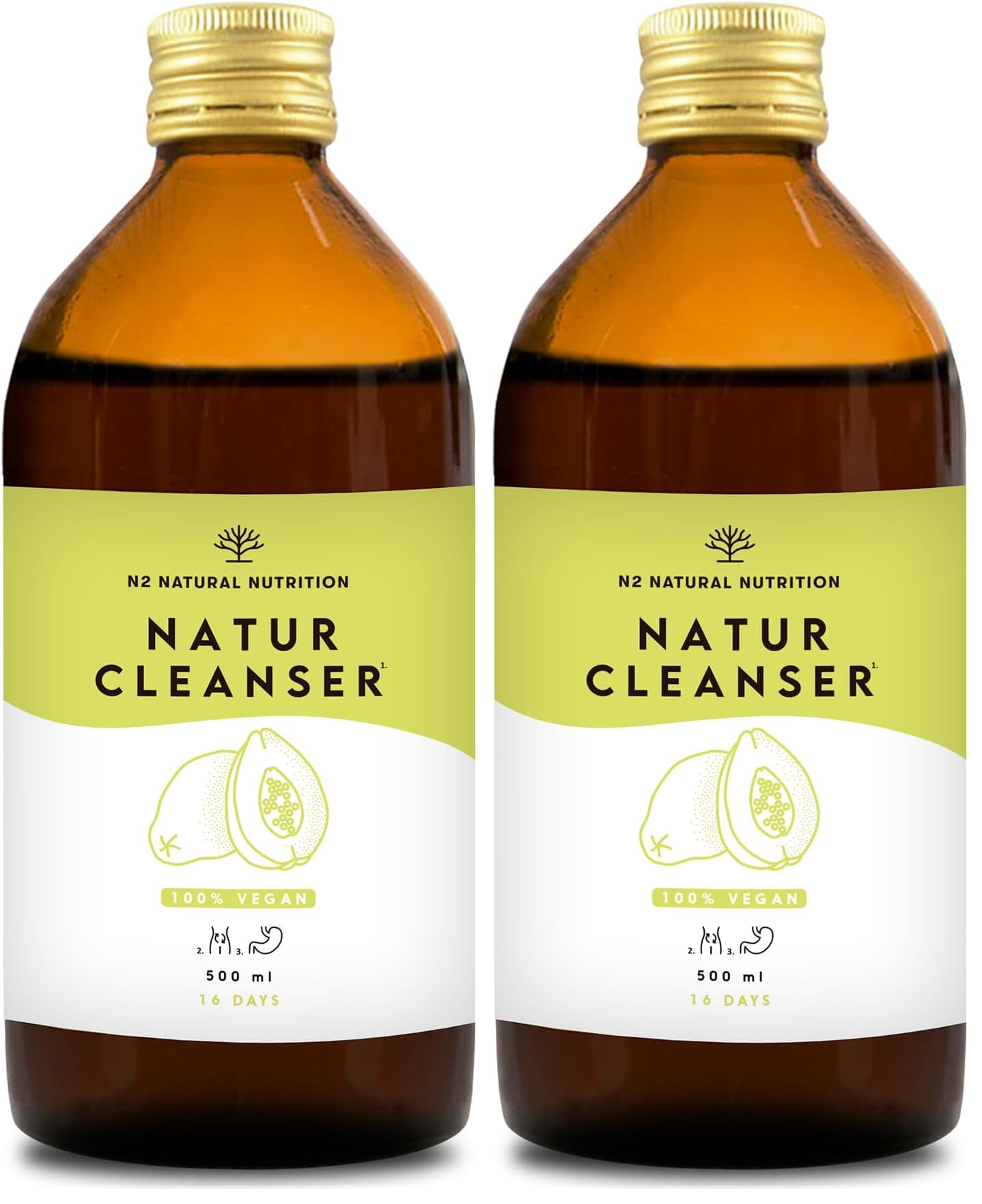 NATUR CLEANSER Flüssig 500ml 12 hocheffizienten Natur Pflanzen | Natürlich & Körper entgiften & bei Grüner Tee Guarana Papaya Löwenzahn Orthosiphon Vegan N2 Natural Nutrition (Packung mit 2)