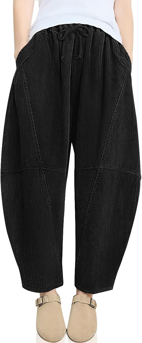 TARSE Womens Corduroy Harem Pants Casual Elastic Waist Wide Leg Pants Loose Fit Baggy Trousers with Pockets