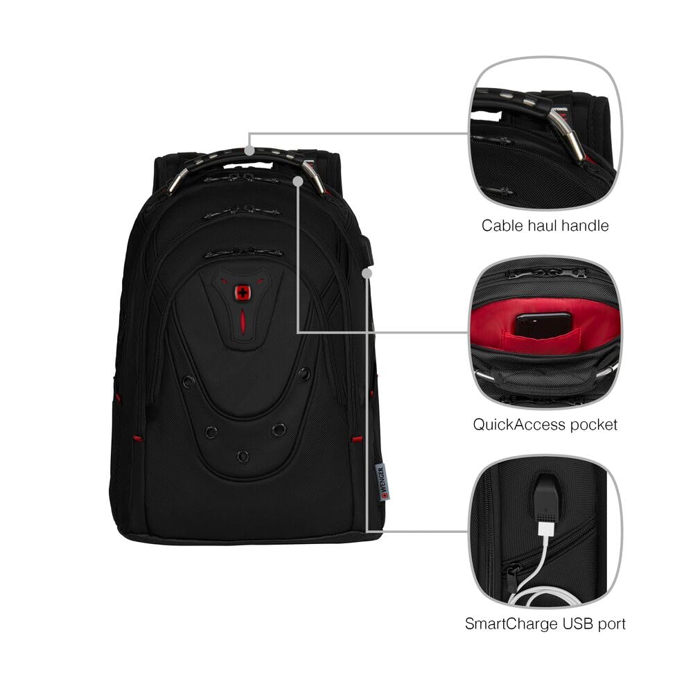 WENGER Ibex Deluxe Laptop-Rucksack, Notebook 14 bis 16 Zoll, Tablet bis 10 Zoll, 26 l, Damen Herren, Business Uni Schule Reisen, Schwarz, 606493