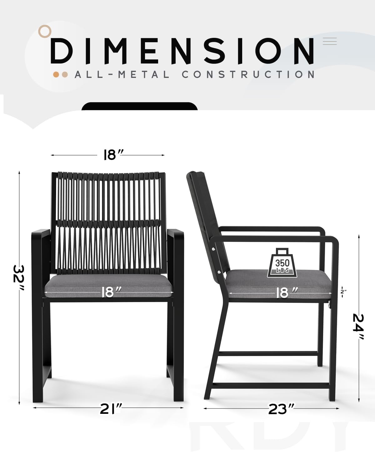Patio Dining Chairs, Metal Outdoor Chairs with Removable Cushion, 105° Ergonomic Backrest, Handcrafted Woven Design, Weather Resistant Indoor Outdoor Chair for Porch Backyard Deck, 350 lbs