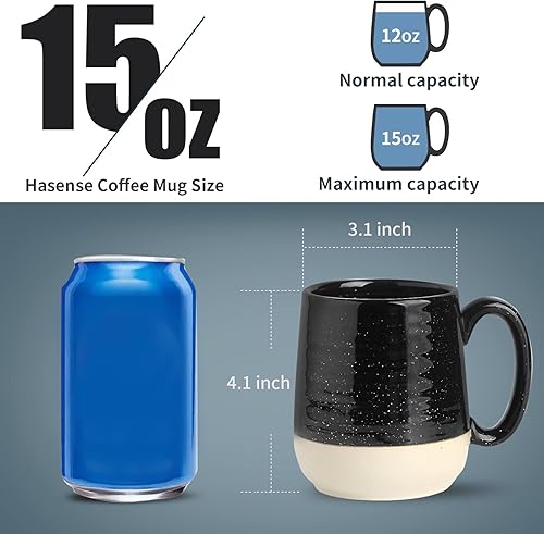 Miniatura 3 de HASENSE Juego de 4 Tazas de Café, Tazas de Café de Cerámica de 15 Onzas con Asas, Taza Grande de Porcelana para Café, Capuchino, Té, Tazas Negras