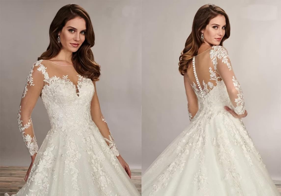 Vestido de Novia de Encaje de Manga Larga, Letra A, Civil de Princesa, Blanco, 40
