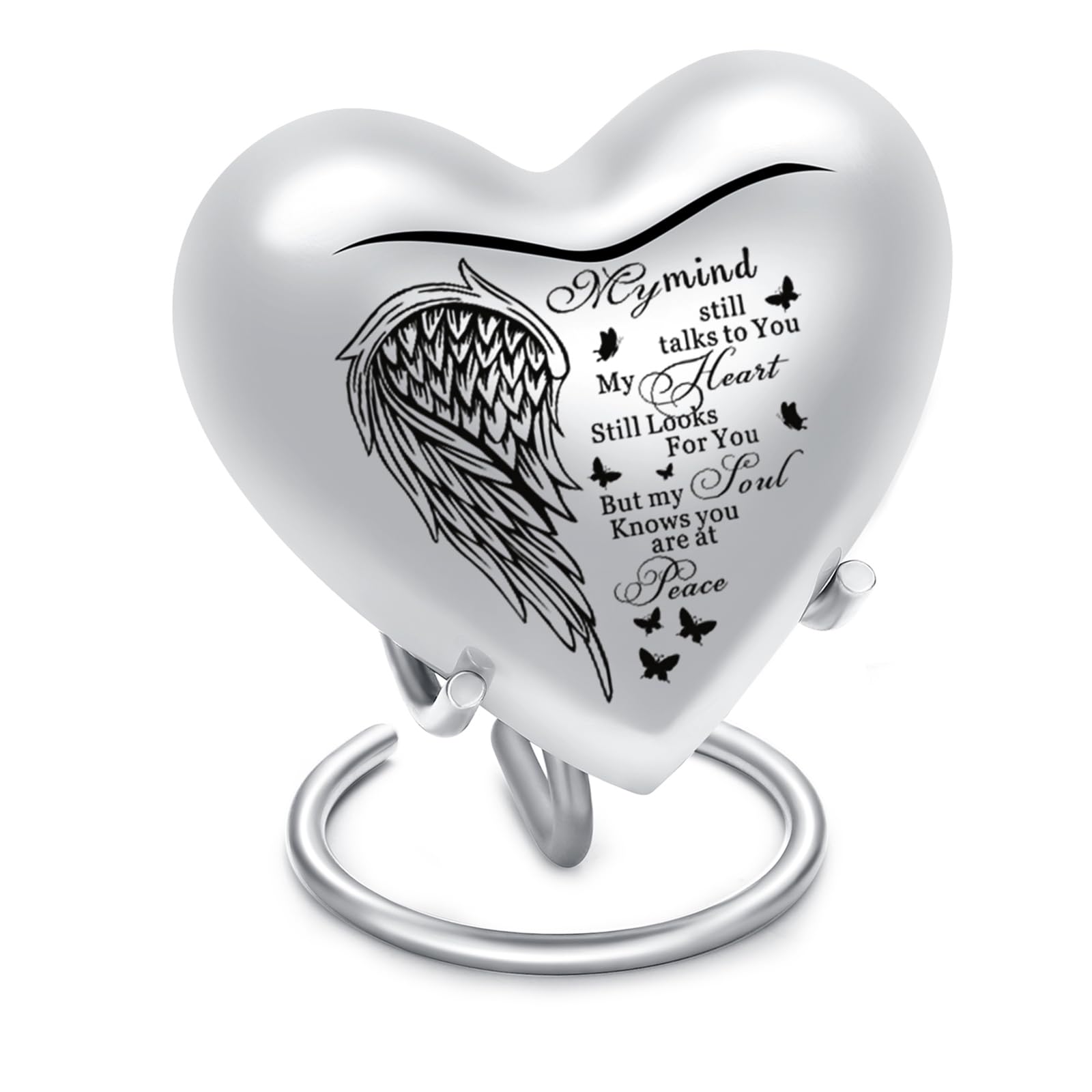 MFRZBVO Heart Small Cremation Urn for Human Ashes Stainless Steel Mini Keepsake Urn Memorial Funeral Burial Decorative Urn for Adult Male Female Women Men (Silver-My mind-1)