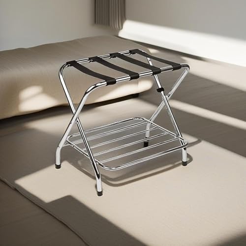 Miniatura 10 de Portaequipajes, soporte plegable para maleta, juego de 2, portaequipajes de metal para habitación de invitados con estante adicional, fácil de