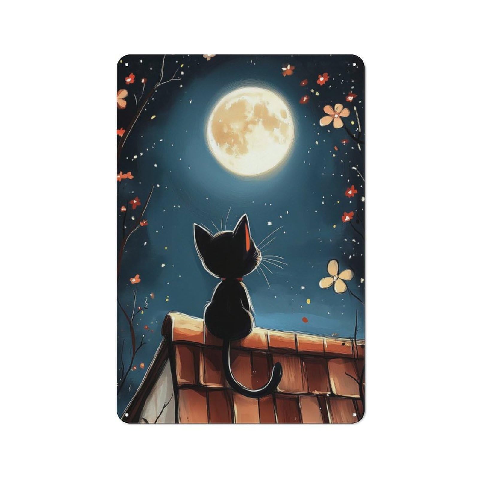 Junmoney Style-1 Tin Wall Plaque 30X20cm With Black Cat Under Full Moon For Hallway Wall, A Decorative Metal Sign For Hallways And Entrance Areas