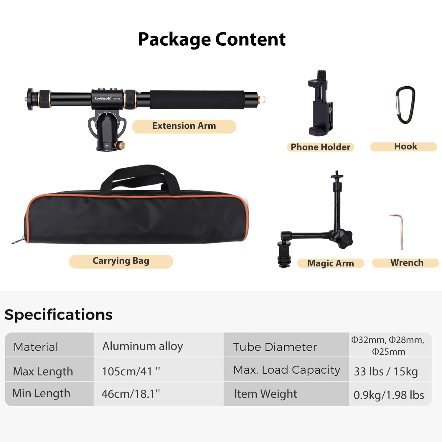 Koolehaoda Brazo de extensión de trípode de 105 cm Eje Central Horizontal Giratorio de 360 ​​​​° Brazo de extensión de trípode Ajustable verticalmente de 180 ° para cámara Fotografía aérea Macro
