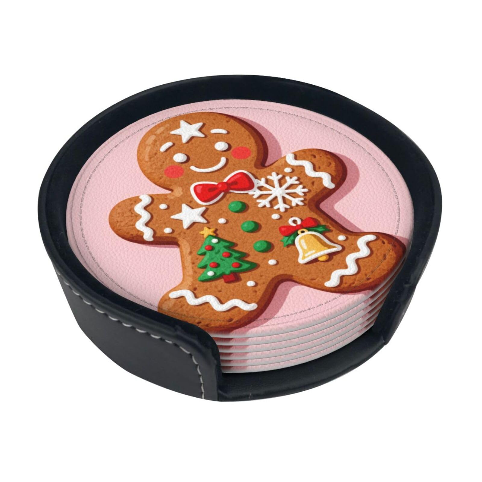 Cntdbu White Cookie Leather Coasters Set Of 6-Pu Leather Drink Mats For Table, Heat Resistant Round Coasters With Holder