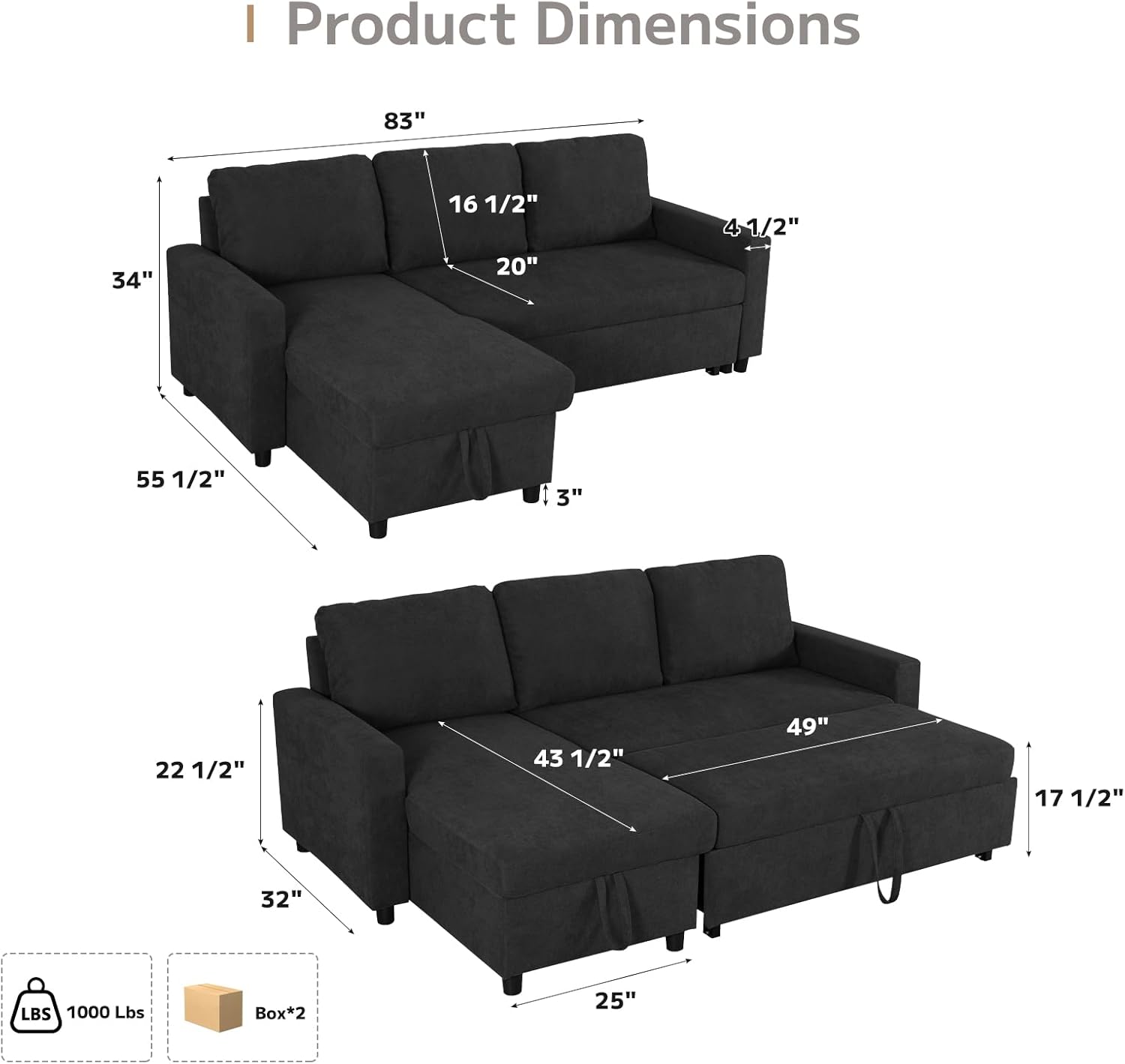 L-Shaped Sleeper Sofa with Chaise Lounge & Storage, Pull-Out Couch Bed with Recliner, Full Size Futon for Living Room, Office, Apartment Black