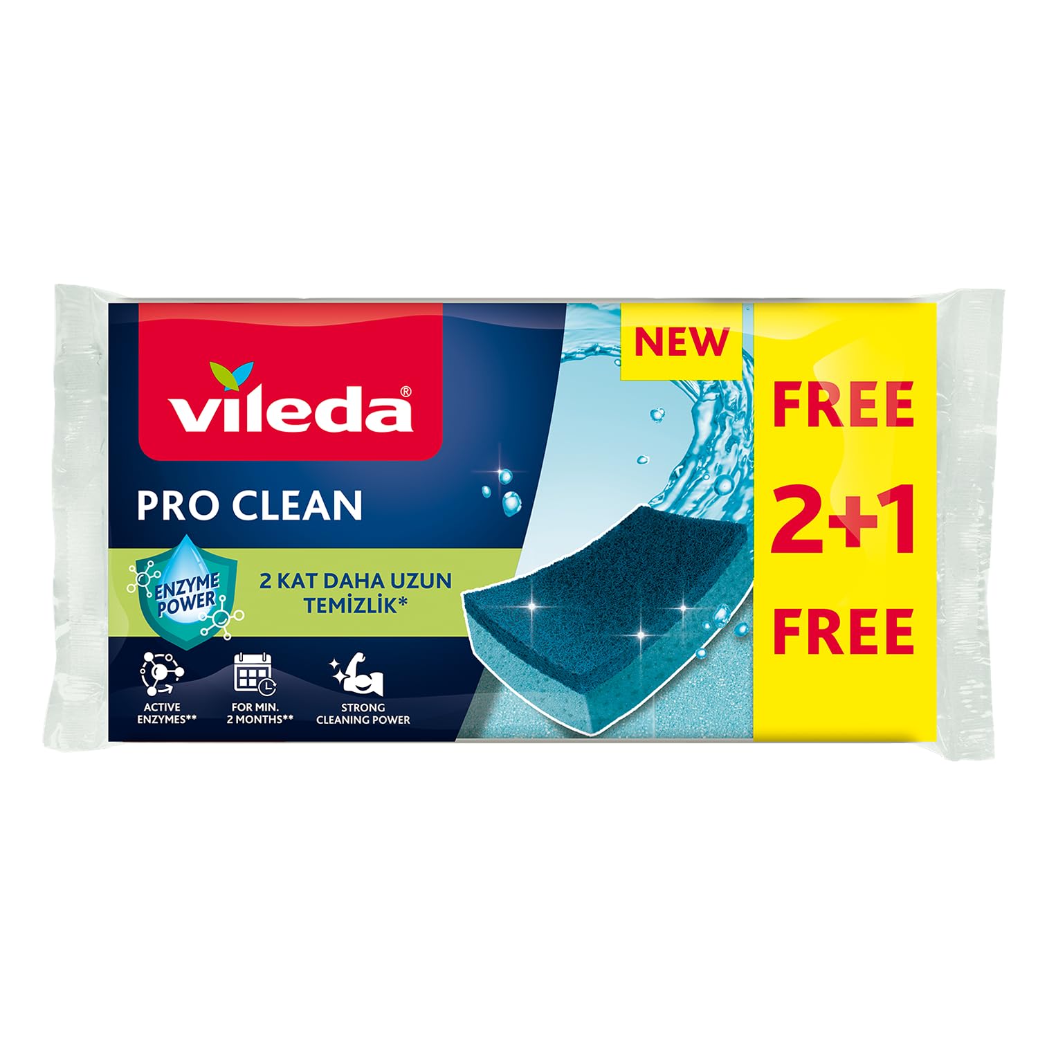 Vileda Pro Clean Aktif Enzimli Düz Sünger, 3’lü Paket