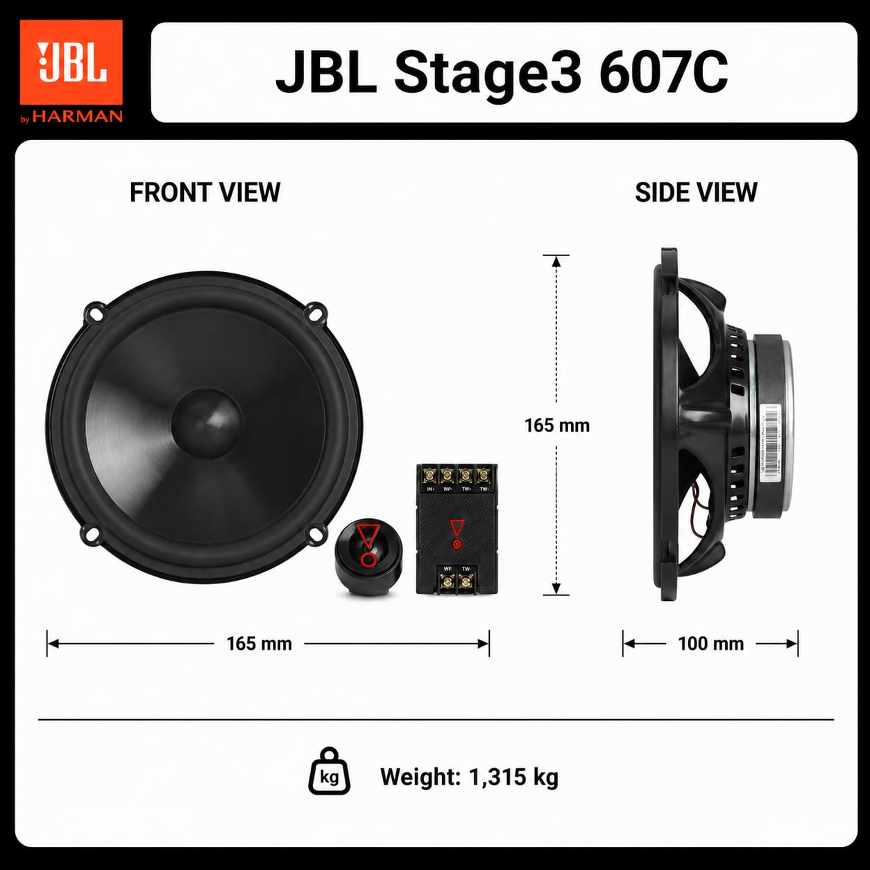 JBL Stage3 607C - 6,5" 16,5 cm 250 W 2-drożny system głośników komponentów drzwi