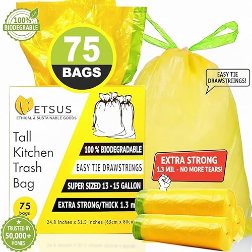 Miniatura 6 de Bolsas de basura biodegradables de 13 galones con cordones, 75 unidades a base de plantas, bolsas altas de compost de cocina Code Q de 50 litros,