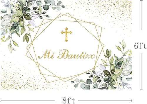 Miniatura 2 de Telón de fondo Mi Bautizo de 8 x 6 pies con hojas verdes para fiesta de bautismo, fondo de fotografía para niño y niña, primera comunión, purpurina