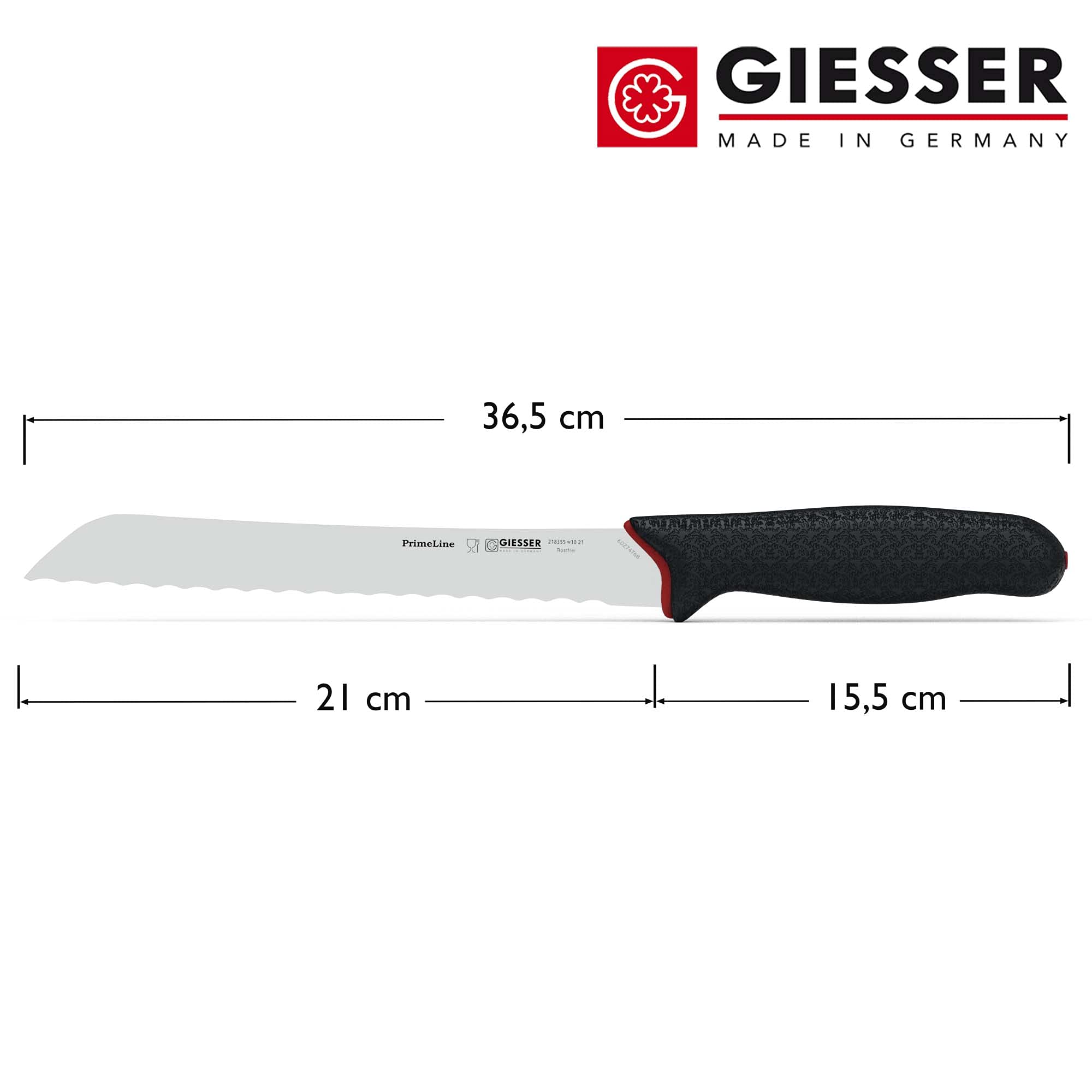 Giesser depuis 1776 - fabriqué en Allemagne - couteau à pain tranchant antidérapant PrimeLine, lame dentelée de 21 cm, noir, inoxydable, lavable au lave-vaisselle 218355 w10 21