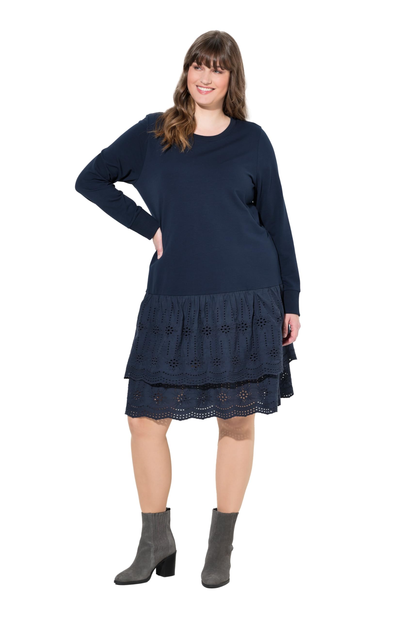 Ulla Popken Damen große Größen Übergrößen Plus Size Sweatkleid, Spitze, Rundhals, Langarm, Biobaumwolle 821156