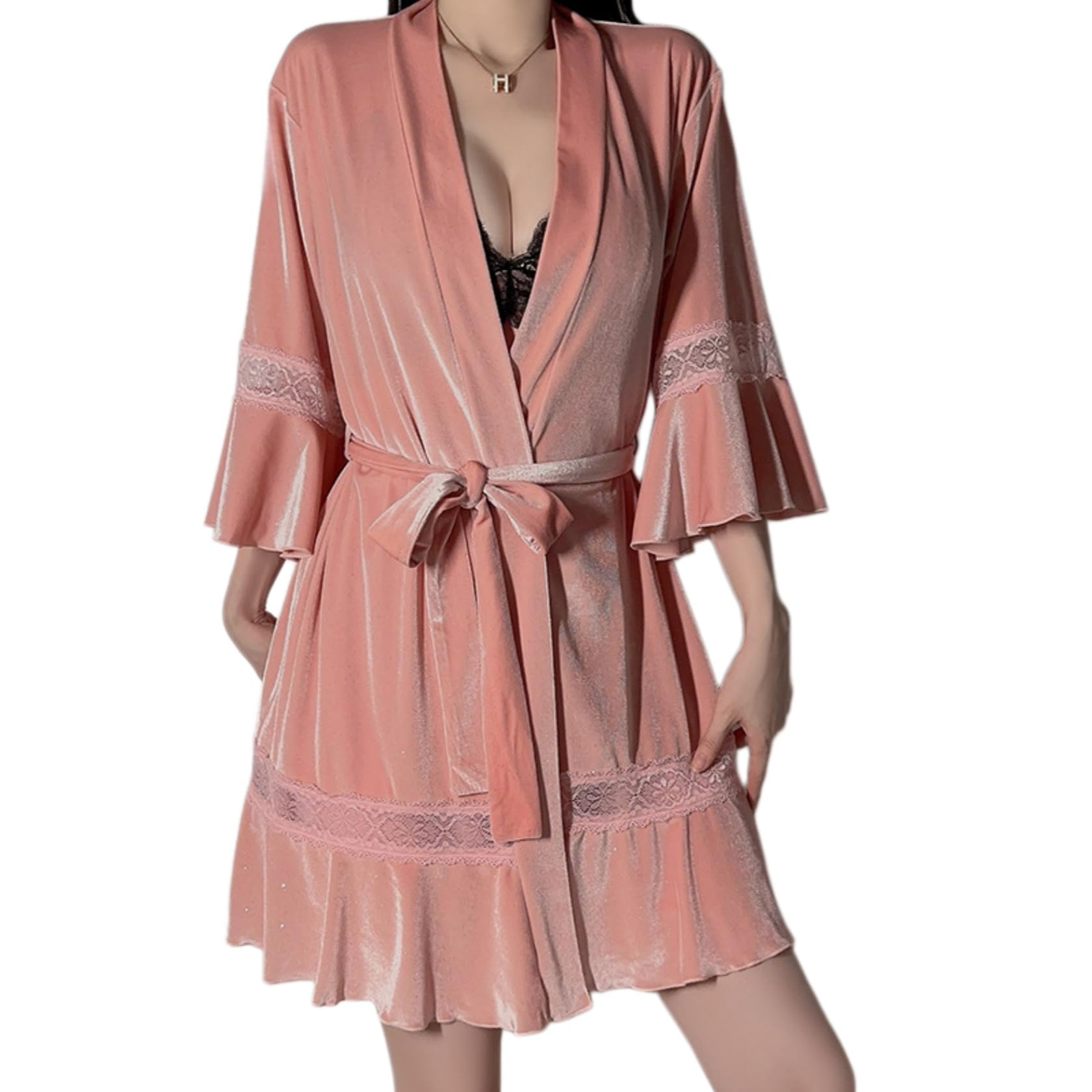 Vestaglia Sposa Completo Due Pezzi Sexy Composto da Camicia da Notte E Vestaglia in Velluto Imbottito con Scollatura Profonda E Effetto Push-Up, Senza Schienale.