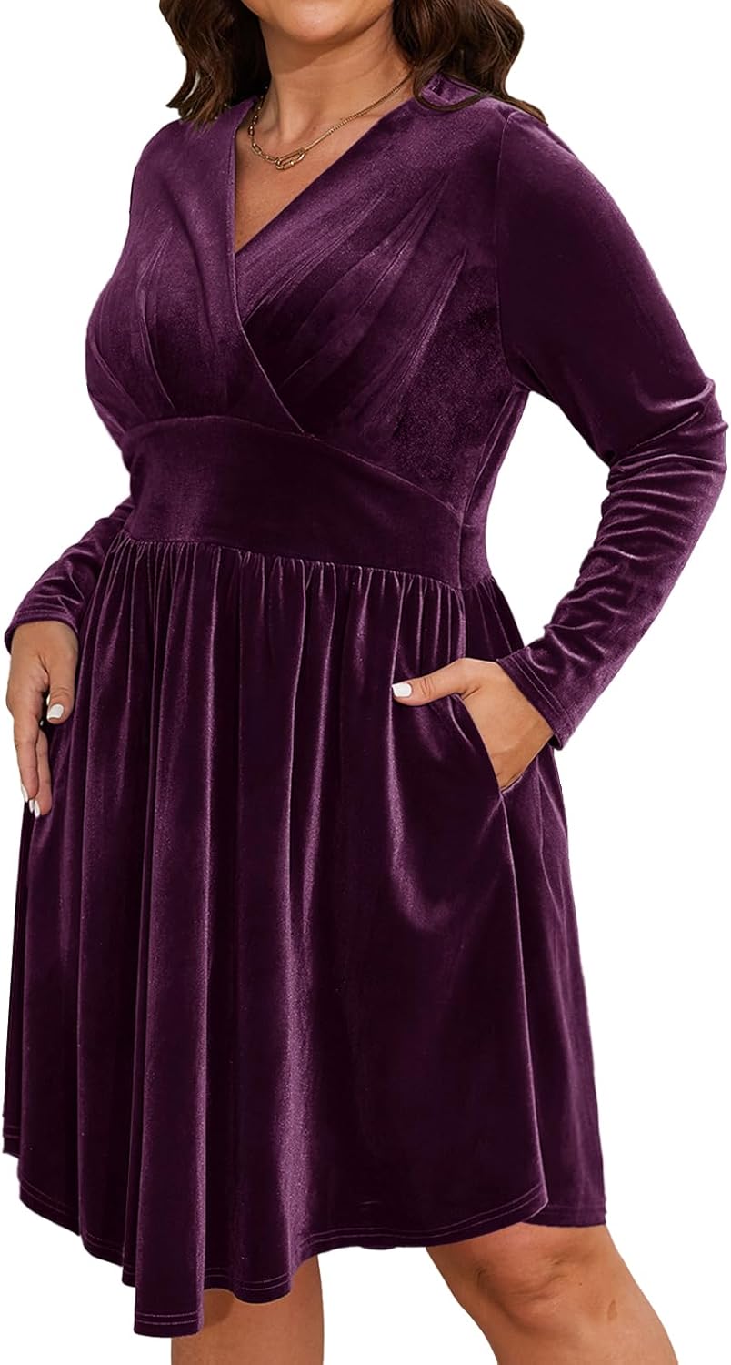 Women’s Plus Size V Neck Velvet Dress Long Sleeve Wrap Empire Waist Midi Dress for Wedding Guest - Image 2