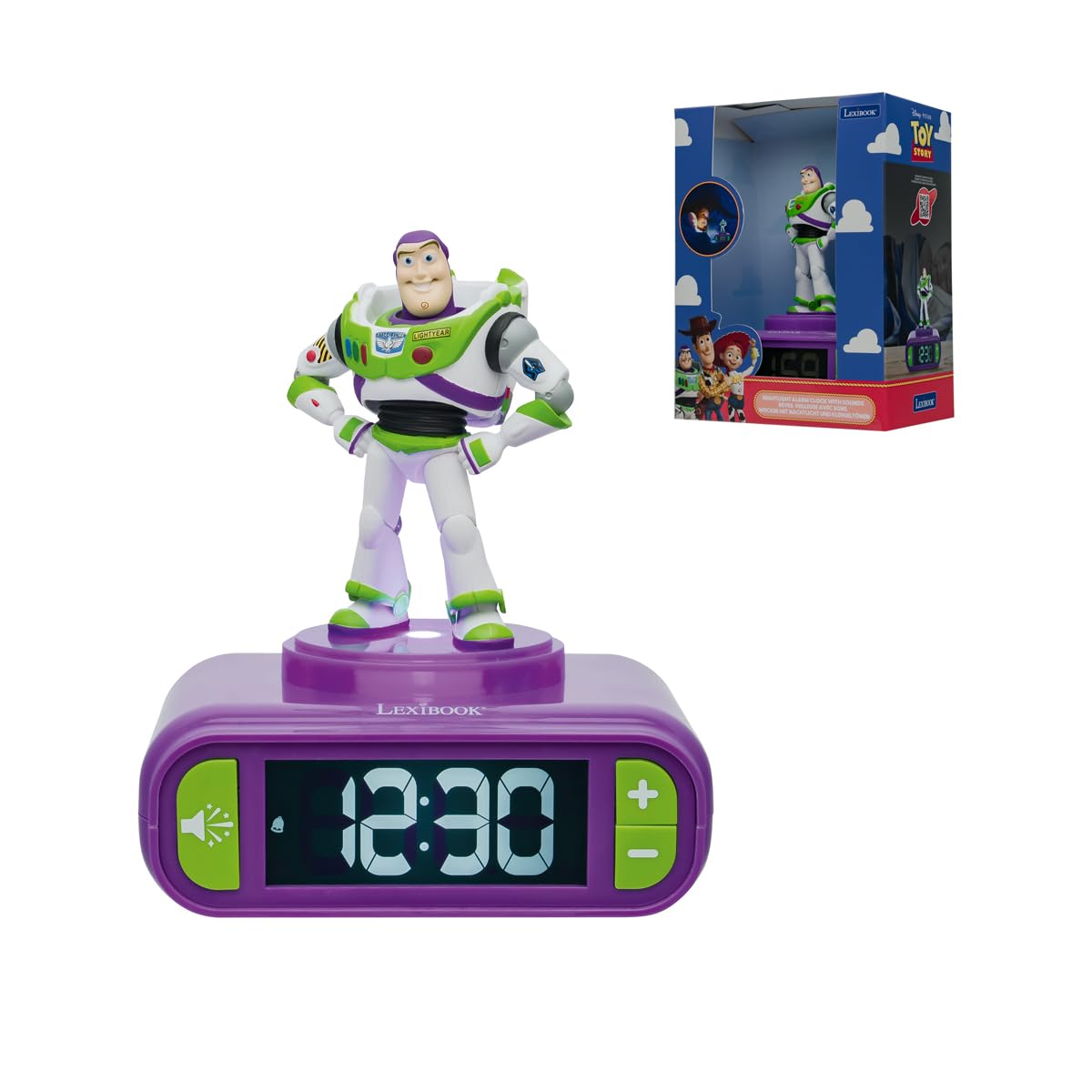 LEXIBOOK, Disney Toy Story Buzz Lightyear, Digital Alarm Clock, 3D Nightlight Figurine, Sound Effects, Backlit LCD Screen, Snooze Function, Purple & Green, RL800TS