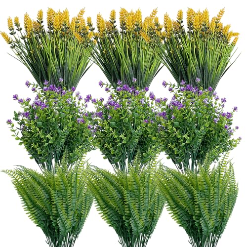 18 Paquetes Flores Artificiales Exterior y Interior, Flor Falsas Resistentes UV Plantas Artificiales Decoracion Flores de Plastico para Cesta Colgante, Jarron, Jardín, Ventana