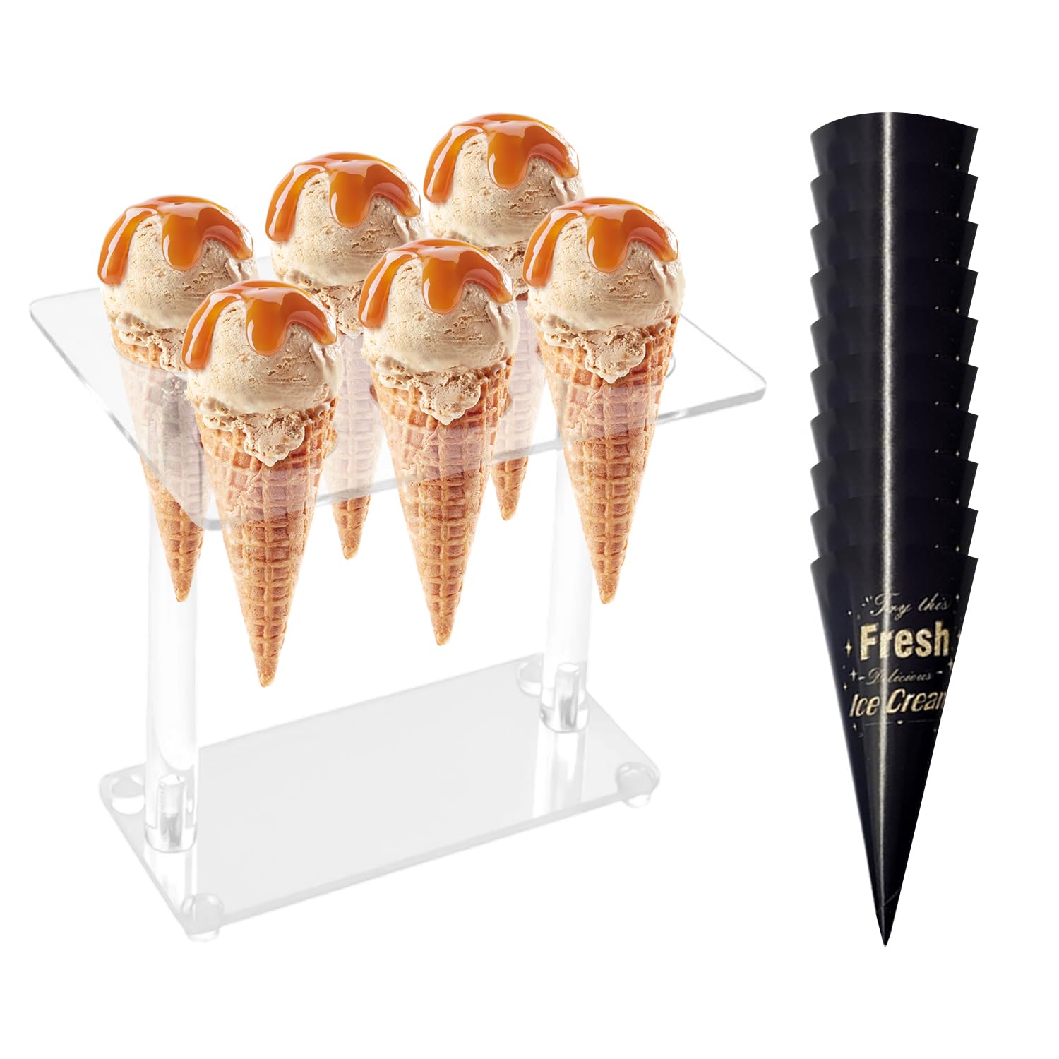 Ice Cream Cone Stand, 10 Pieces Ice Cream Paper Tray, Acrylic Material, 2 Levels, White, 15x20x1cm