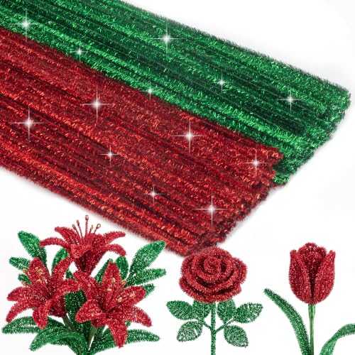 Image of Caydo 200 Pieces Glitter Pipe Cleaners, Red and Green | Sparkling Chenille Stems Bulk for Flowers, Animals, Creative Art and Crafts Making