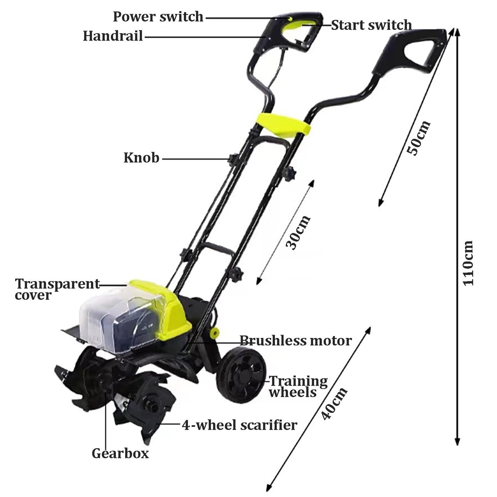 Elektryczny rotavator, kultywator ogrodowy z kołami pomocniczymi, głębokość uprawy 18 cm, szerokość 36 cm, podwójne baterie litowe do wydajnego ogrodnictwa glebowego