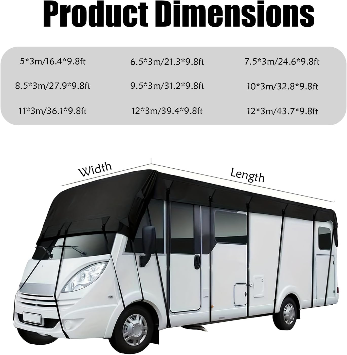 Heavy Duty RV Roof Cover Waterproof UV Resistant,Winter Protection for Travel Trailers,Class A/B/C Motorhomes,Camper & Truck Campers,for 16ft to 44ft RVs (Black, 8.5 * 3m/27.9 * 9.8ft)