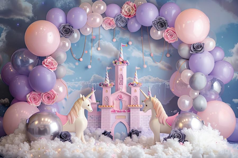 7x5ft Princess Castle Backdrop for Girl Birthday Photography Background Pink Castle Birthday Party Decoration Girls Pink Purple Balloons Floral Cake