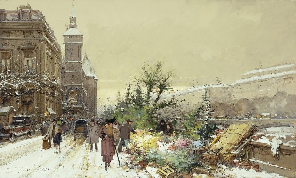 Tableau marché fleurs d'Eugène Galien Laloue impression déco chambre 60x90 - 5