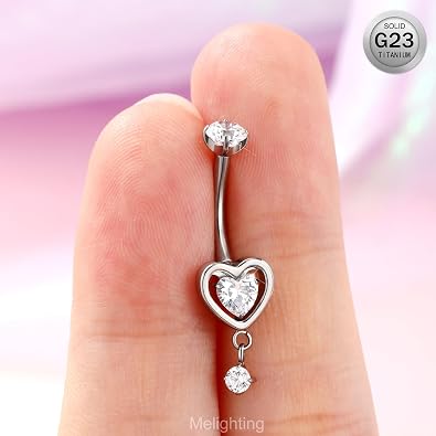 Melighting Heart Titanium Belly Button Ring Internally Threaded 14G Dangle Belly Ring Belly Piercing Jewelry Titanium G23 Naval Ring Clear Cz Body Piercing Jewelry